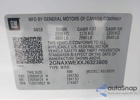 2018 Chevrolet Equinox Premier z USA, uszkodzony, nr VIN 2GNAXWEXXJ6323805